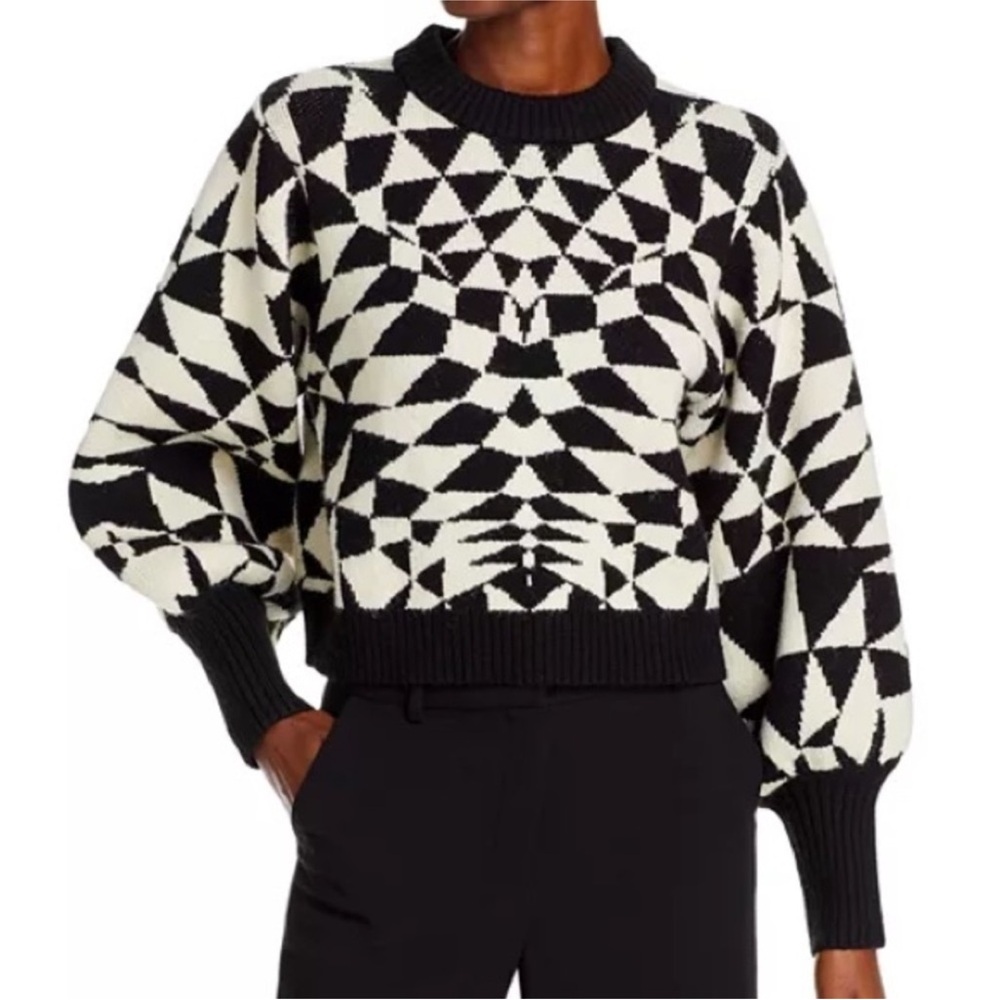 FARM Rio Heart Deco Geometric Black and White Sweater XS Puffy Sleeves